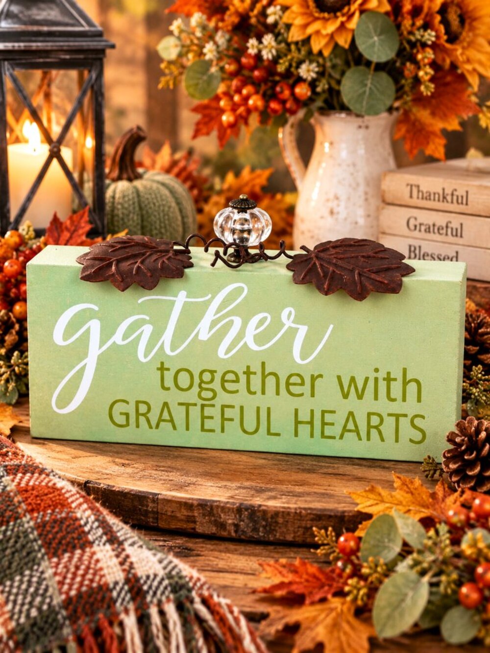 Gather Together Wood Sign Metal Leaves Crystal Accent Fall Thanksgiving Décor